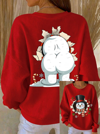 Kvinders sweatshirt med sjov snemand til jul og ribbet rund hals