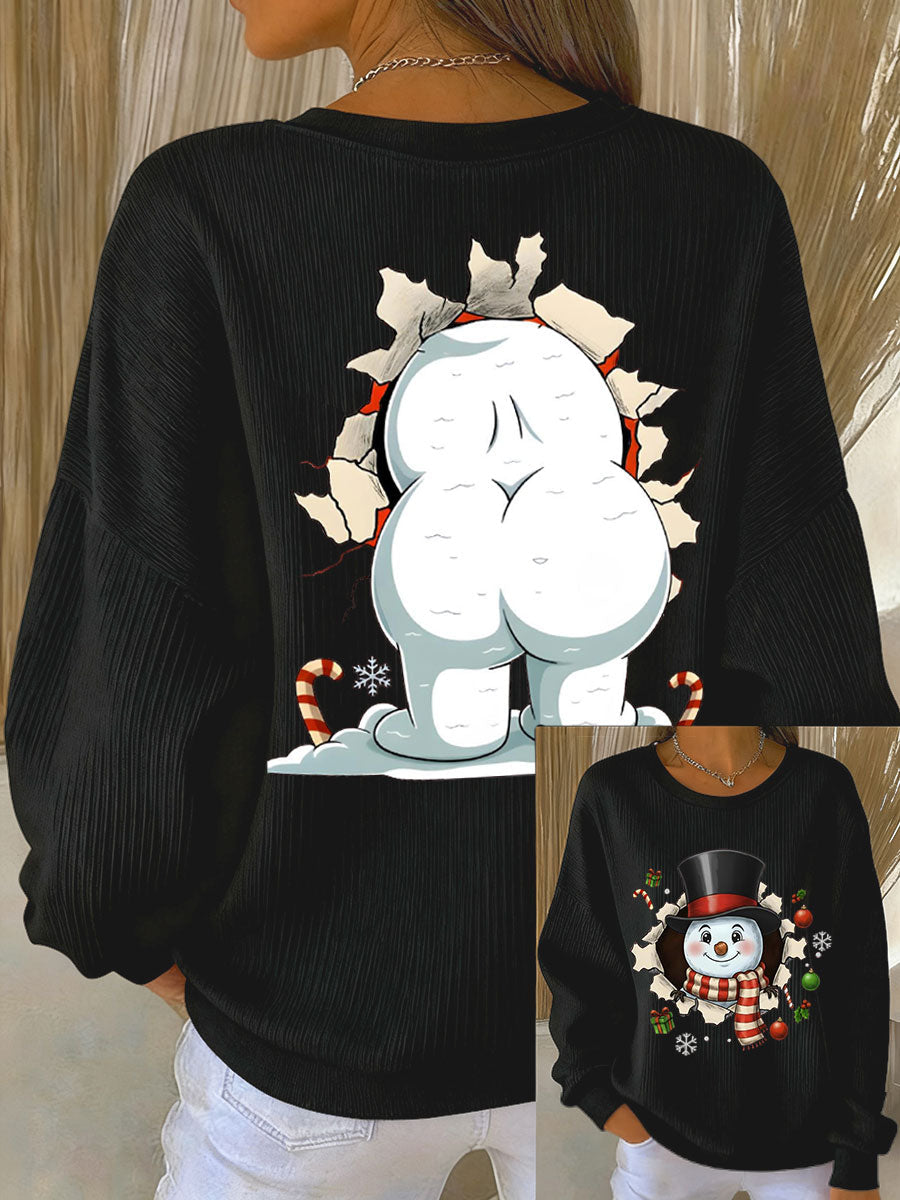 Kvinders sweatshirt med sjov snemand til jul og ribbet rund hals