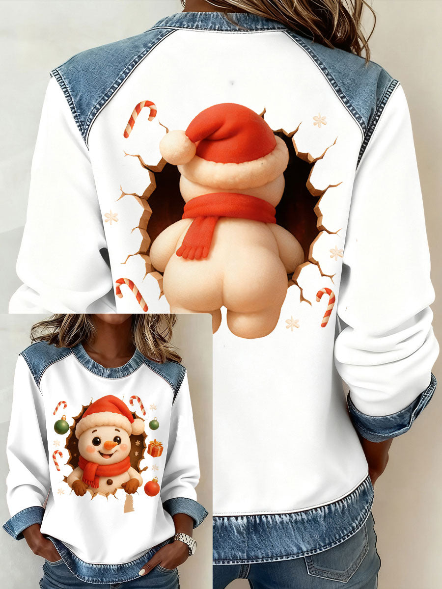 Kvinders patchwork-top i denim med sjov snemand til jul