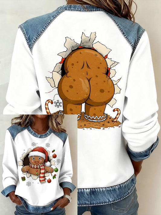 Kvinders patchwork-top i denim med sjov honningkagemand