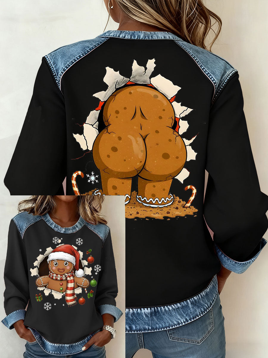 Kvinders patchwork-top i denim med sjov honningkagemand