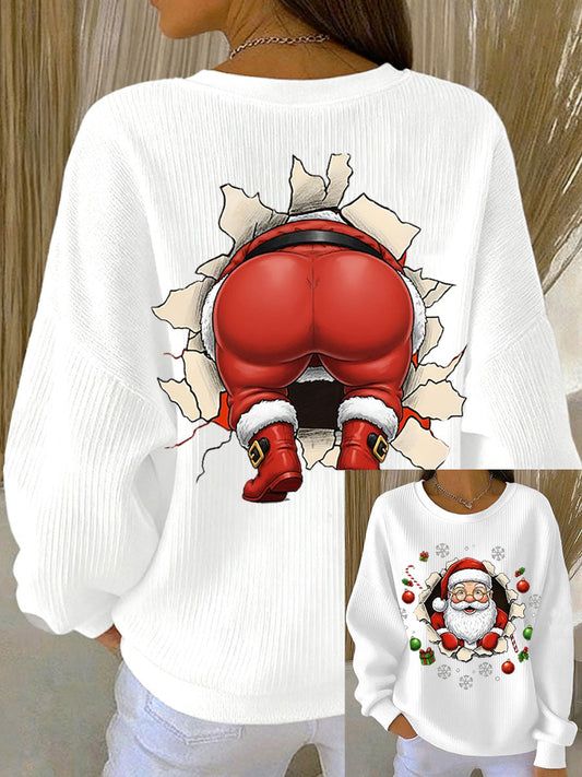 Kvinders sweatshirt med sjovt Santa-print og ribbet rund hals
