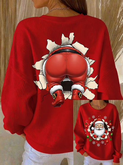 Kvinders sweatshirt med sjovt Santa-print og ribbet rund hals