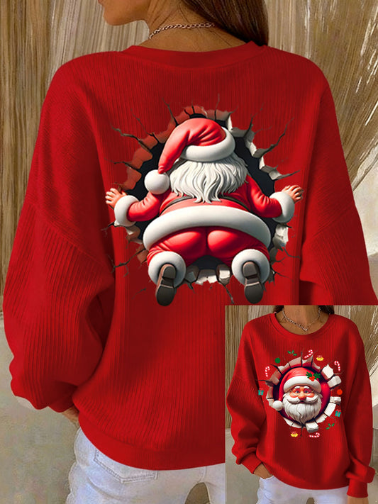 Kvinders sweatshirt med sjovt Santa-print og ribbet rund hals