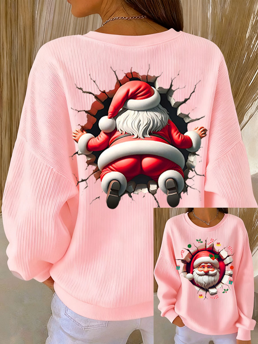 Kvinders sweatshirt med sjovt Santa-print og ribbet rund hals