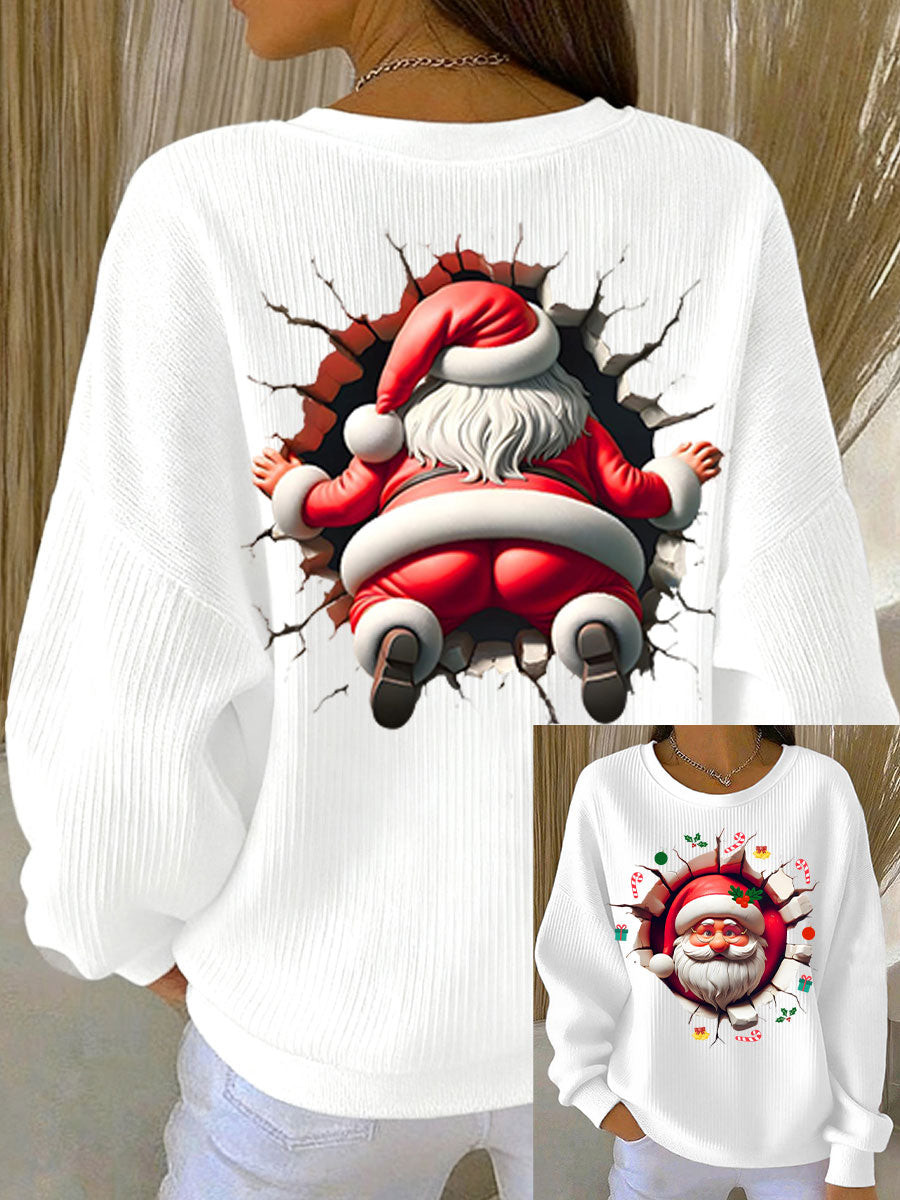 Kvinders sweatshirt med sjovt Santa-print og ribbet rund hals