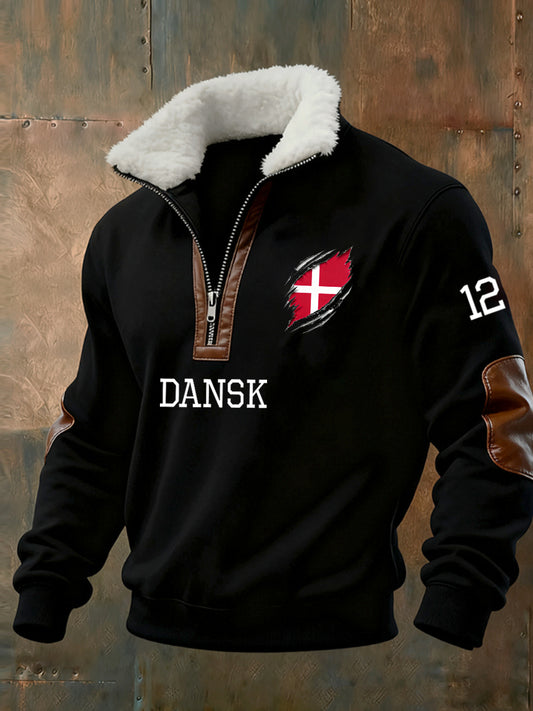 Mænds vintage print half-zip sweatshirt med fleecekrave