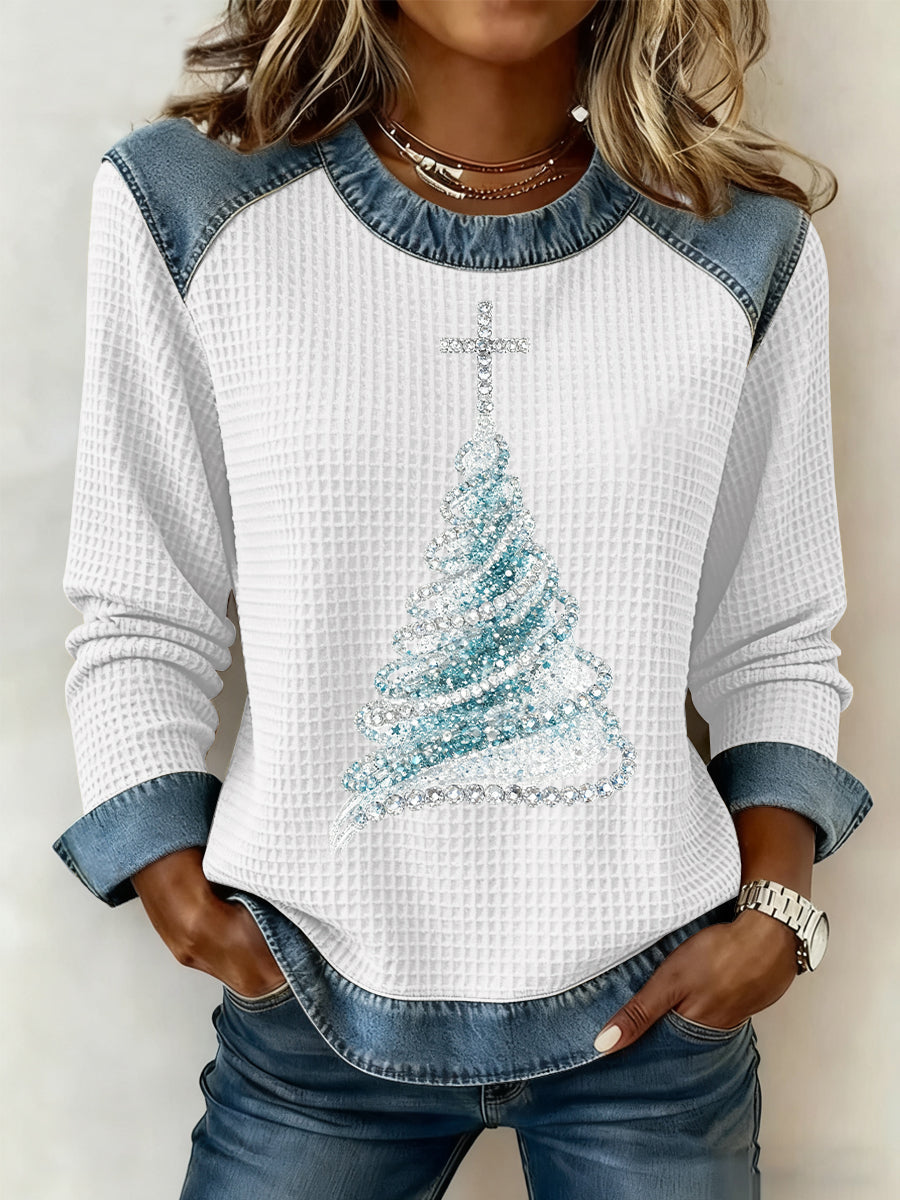 Kvinders juletrykt vaffel-sweatshirt