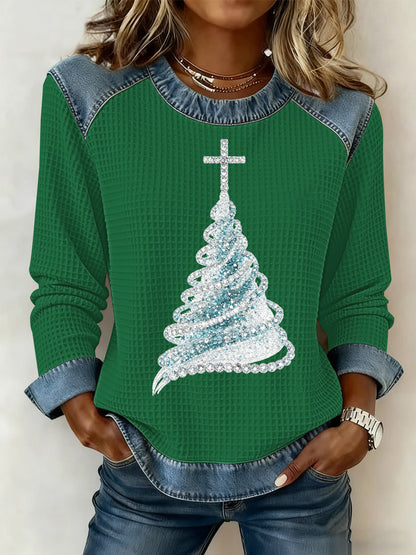 Kvinders juletrykt vaffel-sweatshirt