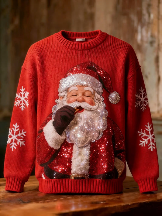 Retro jule-sweater med julemand, snefnug og palietter