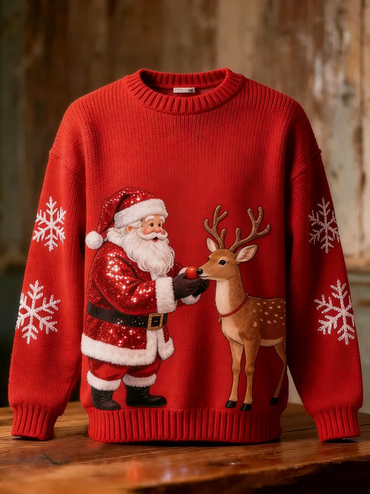 Retro jule-sweater med julemand og rensdyr palietter
