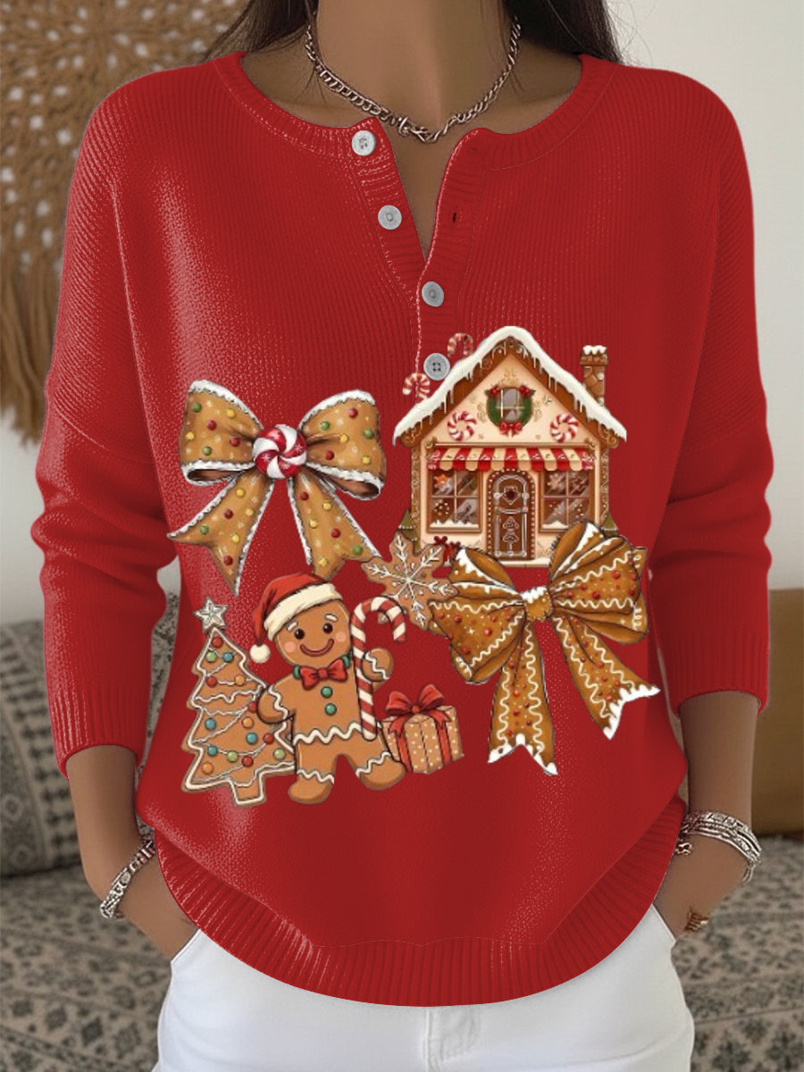 Kvinders festlige Gingerbrød hus Print Henley hals Sweater Print
