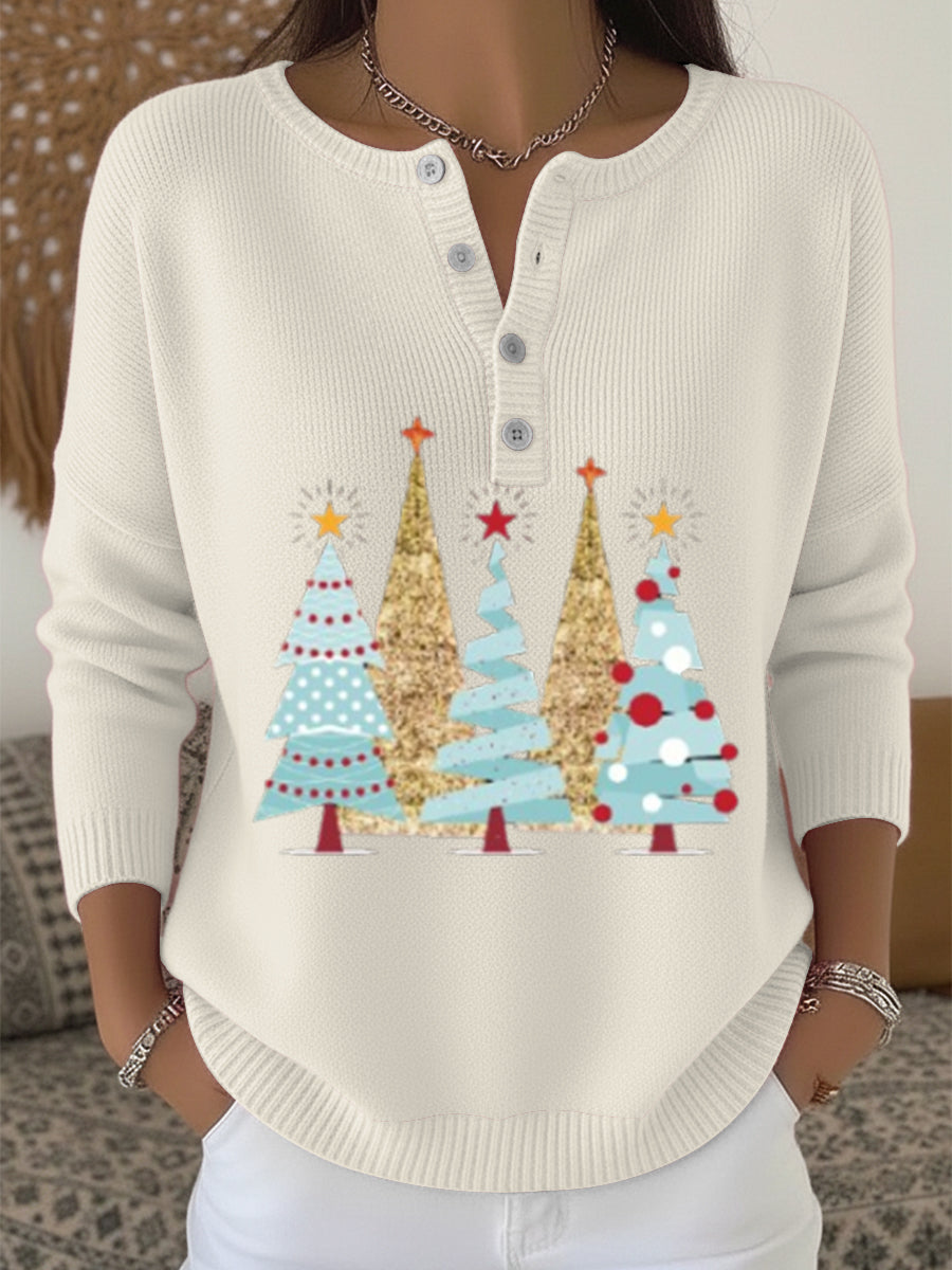 Kvinders farverige Geometriske Juletræ Print Henley hals Sweater Print