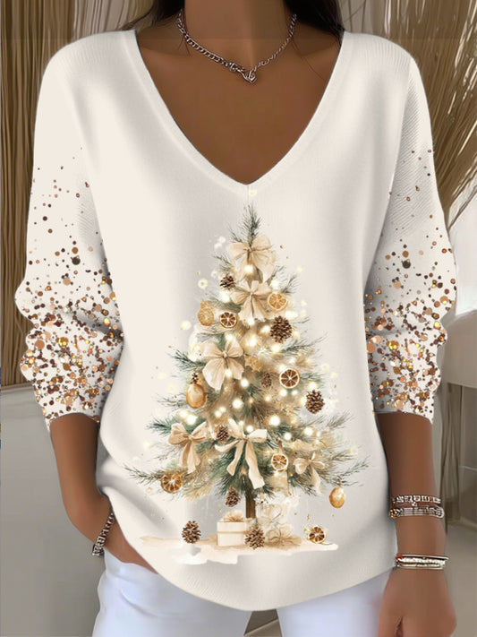 Kvinders glimrende guld juletræ Print V-hals sweeter