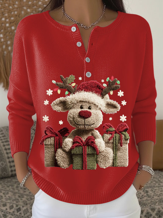 Kvinders søde plush rensdyr & gave Print Henley hals Sweater.