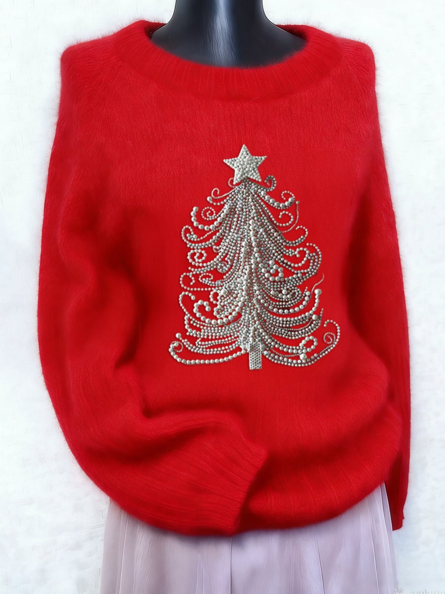 Kvinders Vintage Juletræ Perle Art Print Langærme Sweater.