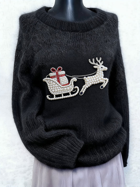 Kvinders Vintage Jule rensdyr gaveklokker med perle kunst Print Langærme Sweater.