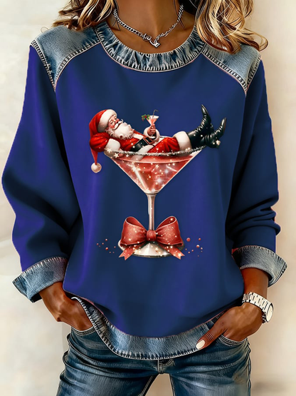 Kvindernes julemand sidder på et vinglas Denim Patchwork Top.