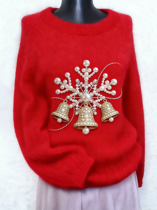 Kvinders Vintage Christmas Sneflake Bell Pearl Art Print Langærme Sweater.