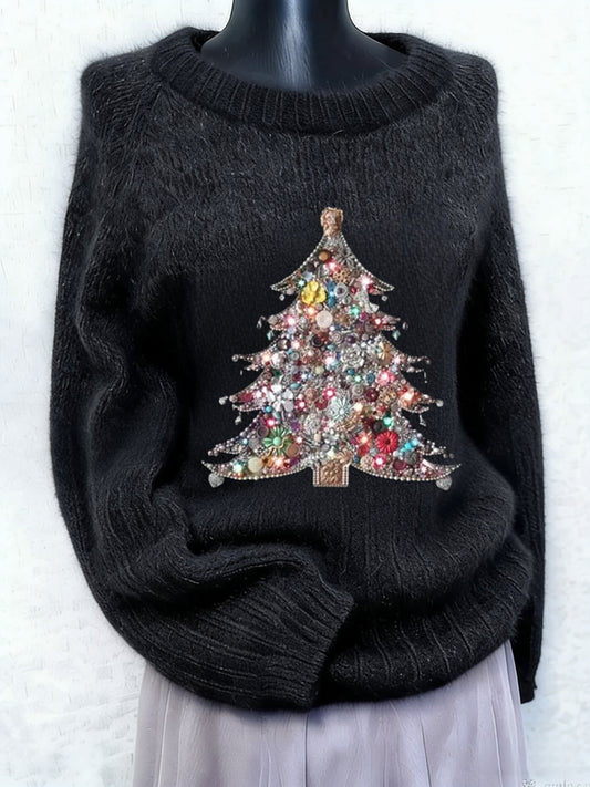 Kvinders Vintage Juletræ Perle Diamond Art Print Langærme Sweaterer