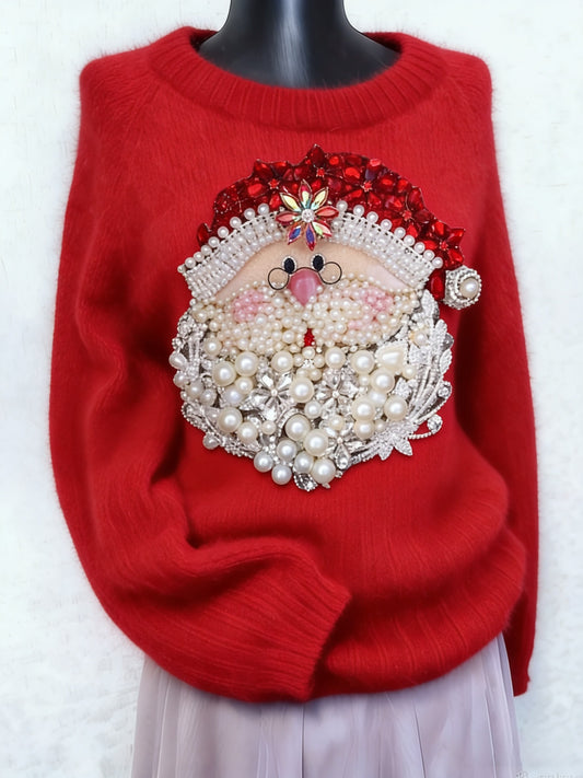 Kvinders Vintage Christmas Santa Claus Pearl Diamond Art Print Langærme SweaterName