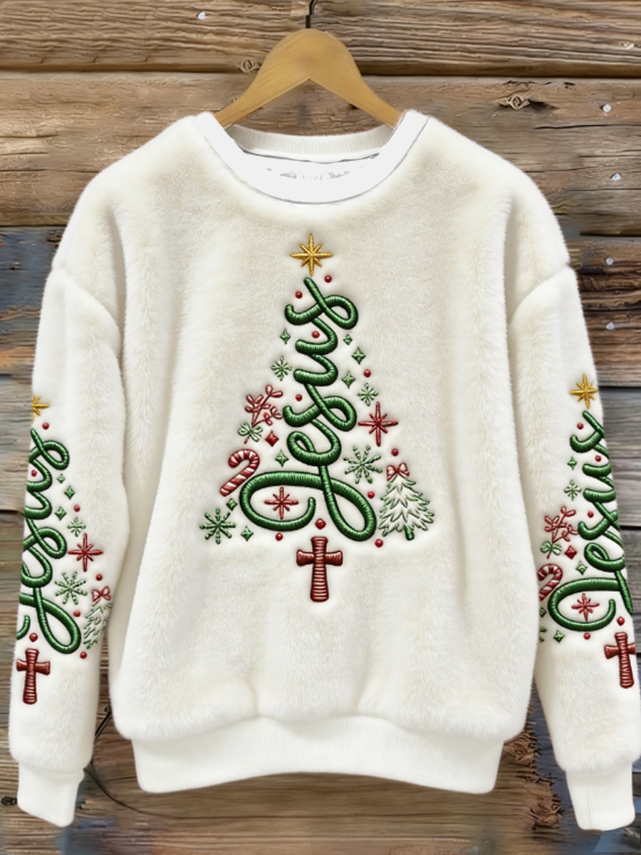 Kvinder Jesus Juletræ Broderi Flannel Hoodie Flannel