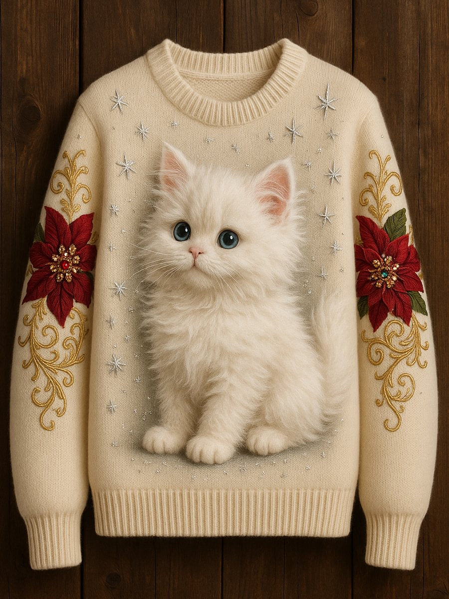 Kvinders søde kat kunst udskrive Casual besætning hals sweeer