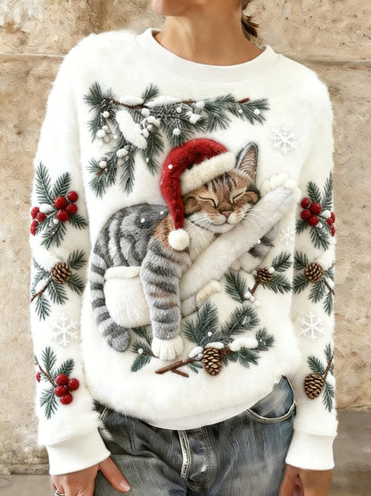 Kvinders søde jul kat kunst print Casual Flannel Hoodies