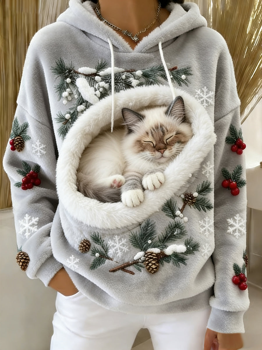 Kvinders Retro Animal Art Print Komfortable Flannel Hooded sweatshirt