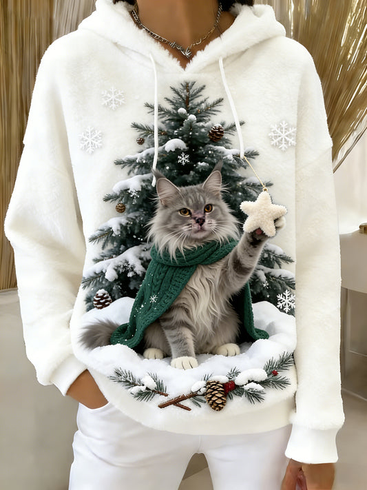 Kvinders Retro Animal Art Print Komfortable Flannel Hooded sweatshirt