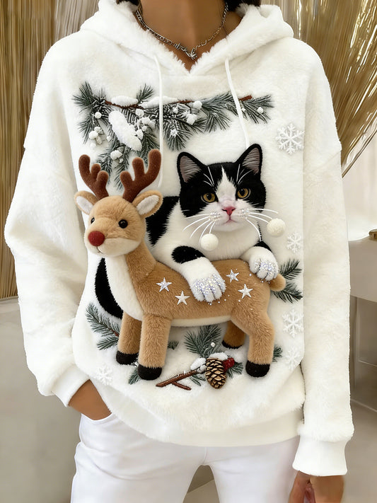 Kvinders Retro Animal Art Print Komfortable Flannel Hooded sweatshirt