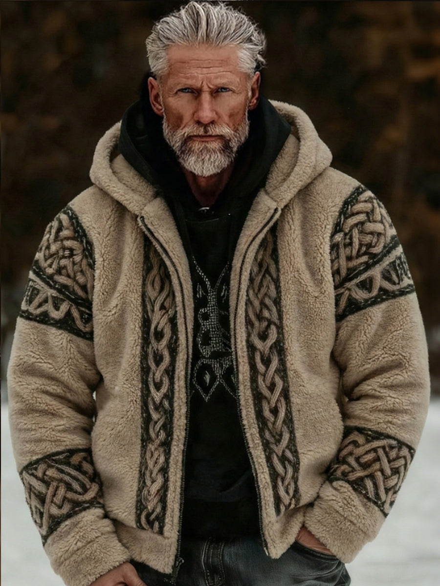 Mænds Viking Celtic Art Plush hyggelig varm lynlået hættefuld flannel jakken