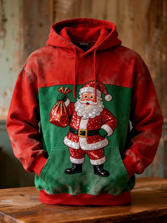 Retro jul Sequin Santa Patchwork Print Casual Langærme Lomme Sweatshirt