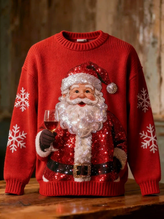 Retro Christmas Sequins Santa Claus Cocktail Snefnug Art Print Langærme Sweater.