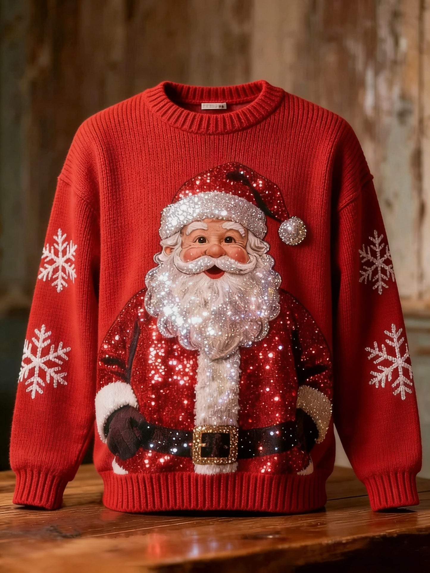 Retro Christmas Sequins Santa Claus Snefnug Art Print Langærme Sweater.