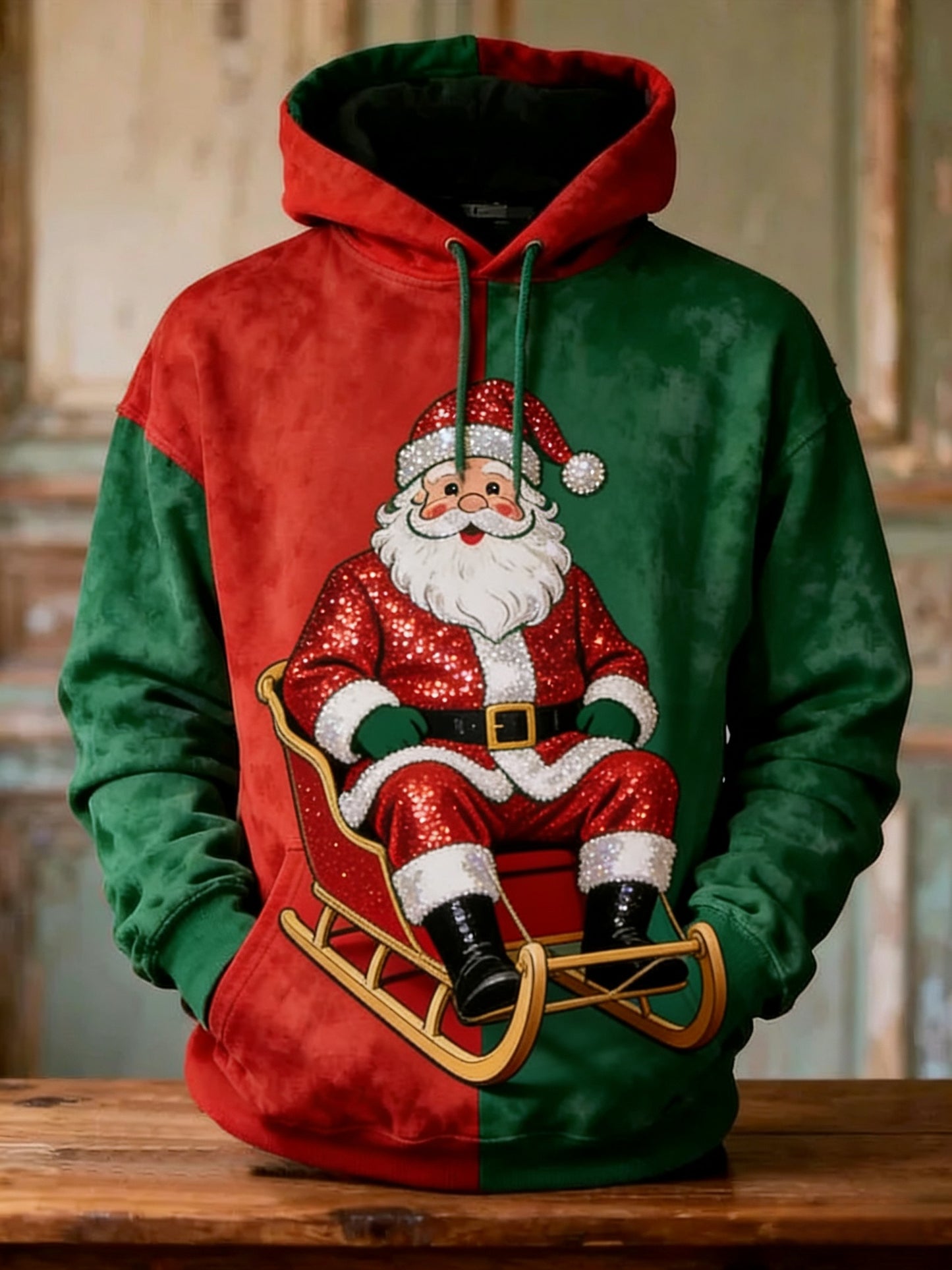 Retro jul Sequin Santa Patchwork Print Casual Langærme Lomme Sweatshirt