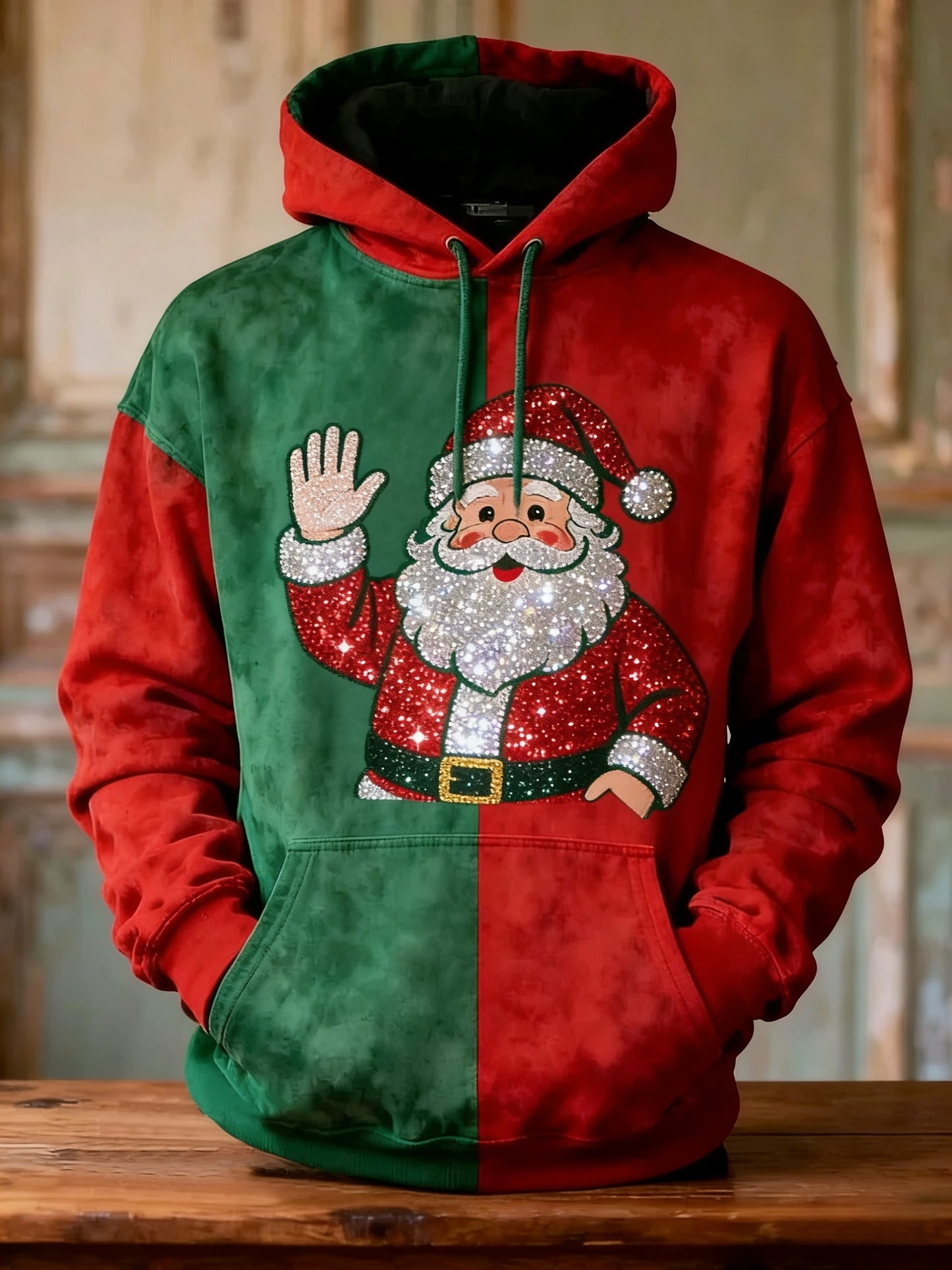 Retro jul Sequin Santa Patchwork Print Casual Langærme Lomme Sweatshirt