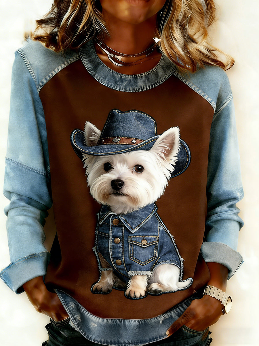 Kvinders Retro Animal Art Print Komfortable Denim Patchwork Sweatshirt