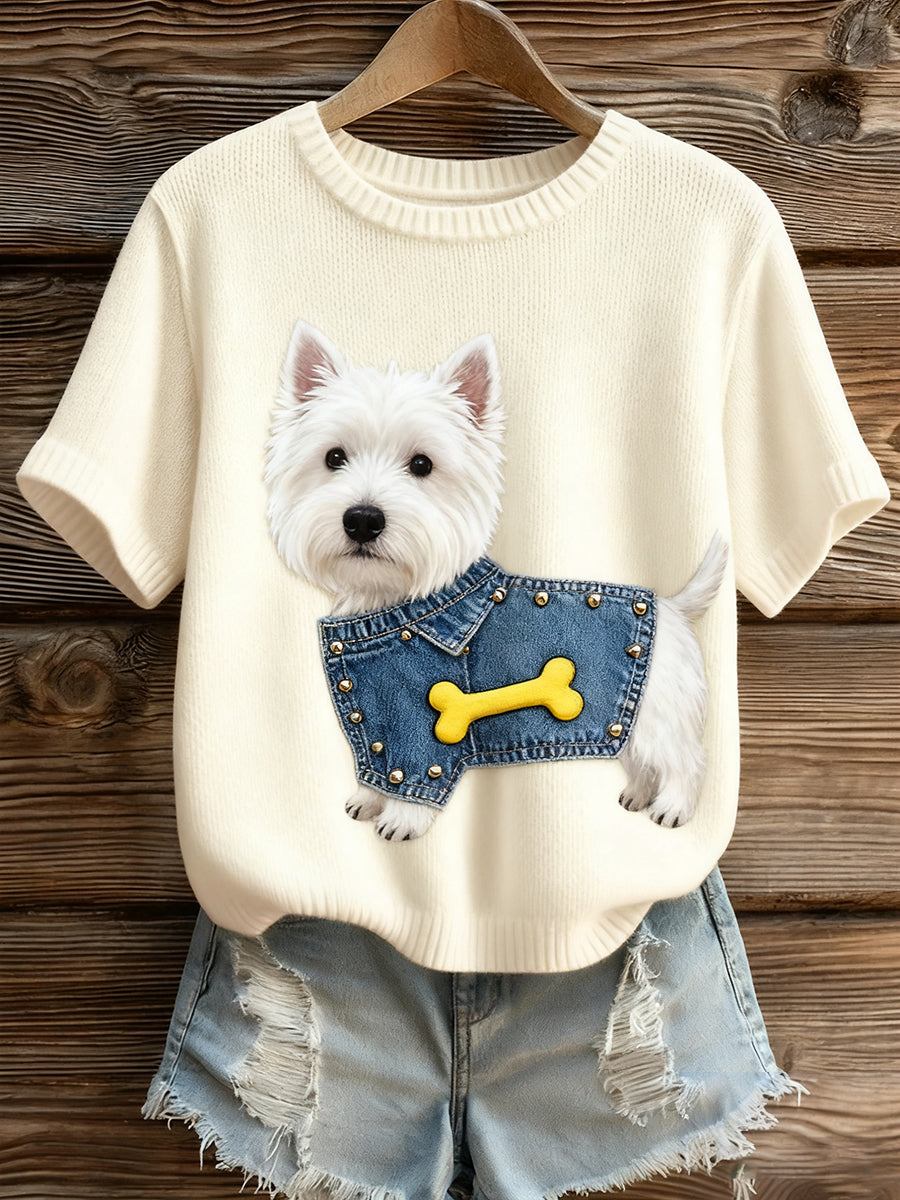 Kvinders kunstnerisk dyr Print Komfortabel Strik Kort ærme Toppe