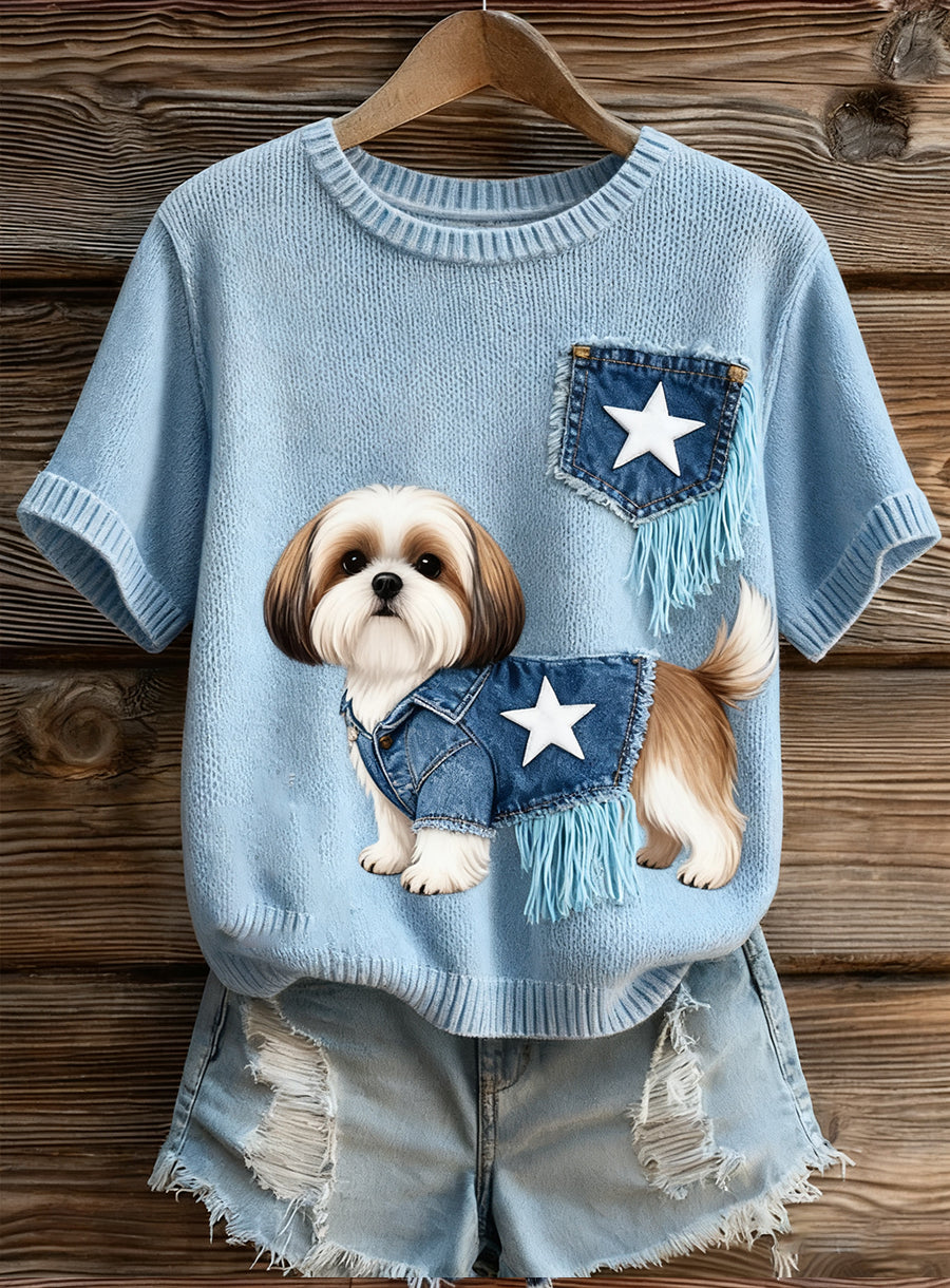 Kvinders kunstnerisk dyr Print Komfortabel Strik Kort ærme Toppe