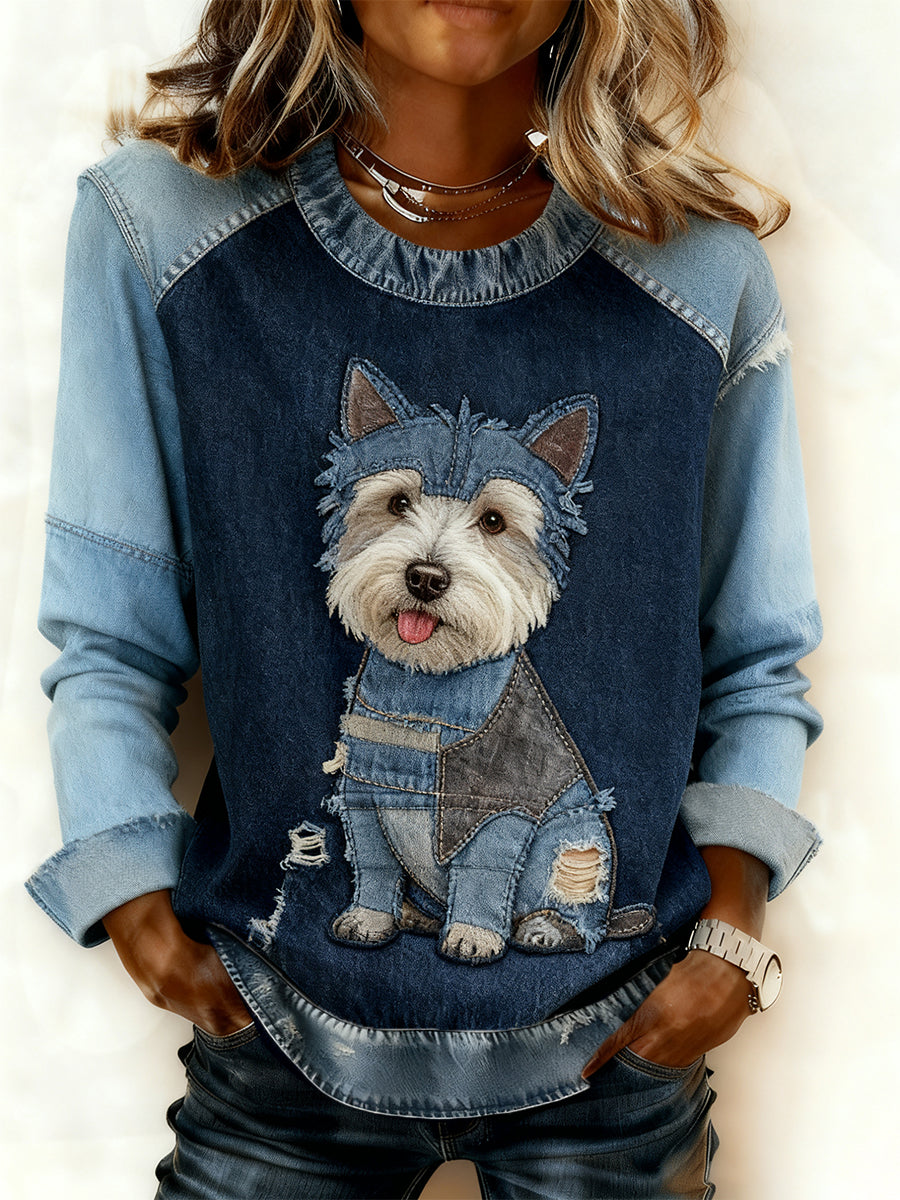 Kvinders Retro Animal Art Print Komfortable Denim Patchwork Sweatshirt