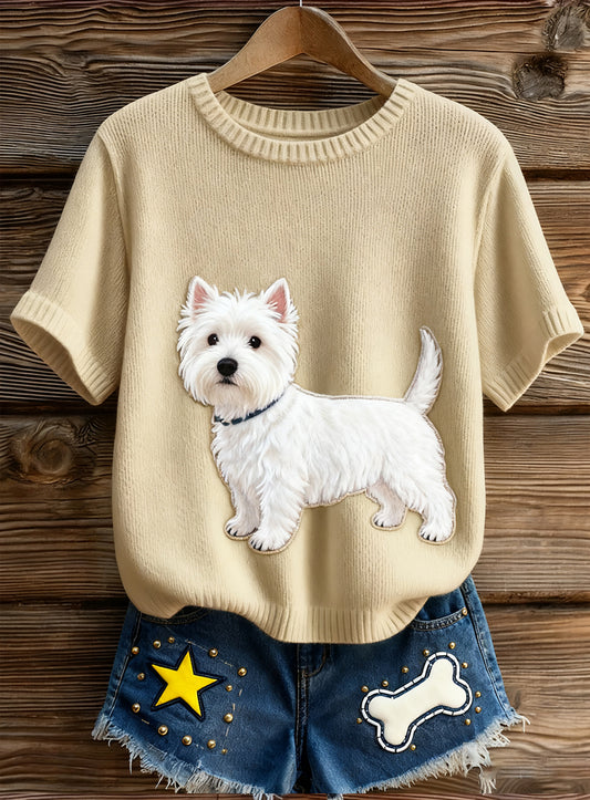 Kvinders kunstnerisk dyr Print Komfortabel Strik Kort ærme Toppe