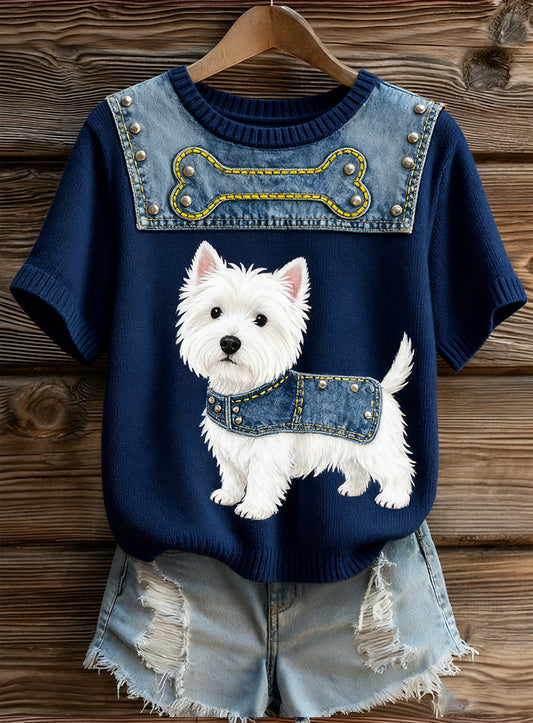 Kvinders kunstnerisk dyr Print Komfortabel Strik Kort ærme Toppe