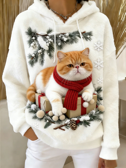 Kvinders Retro Animal Art Print Komfortable Flannel Hooded sweatshirt