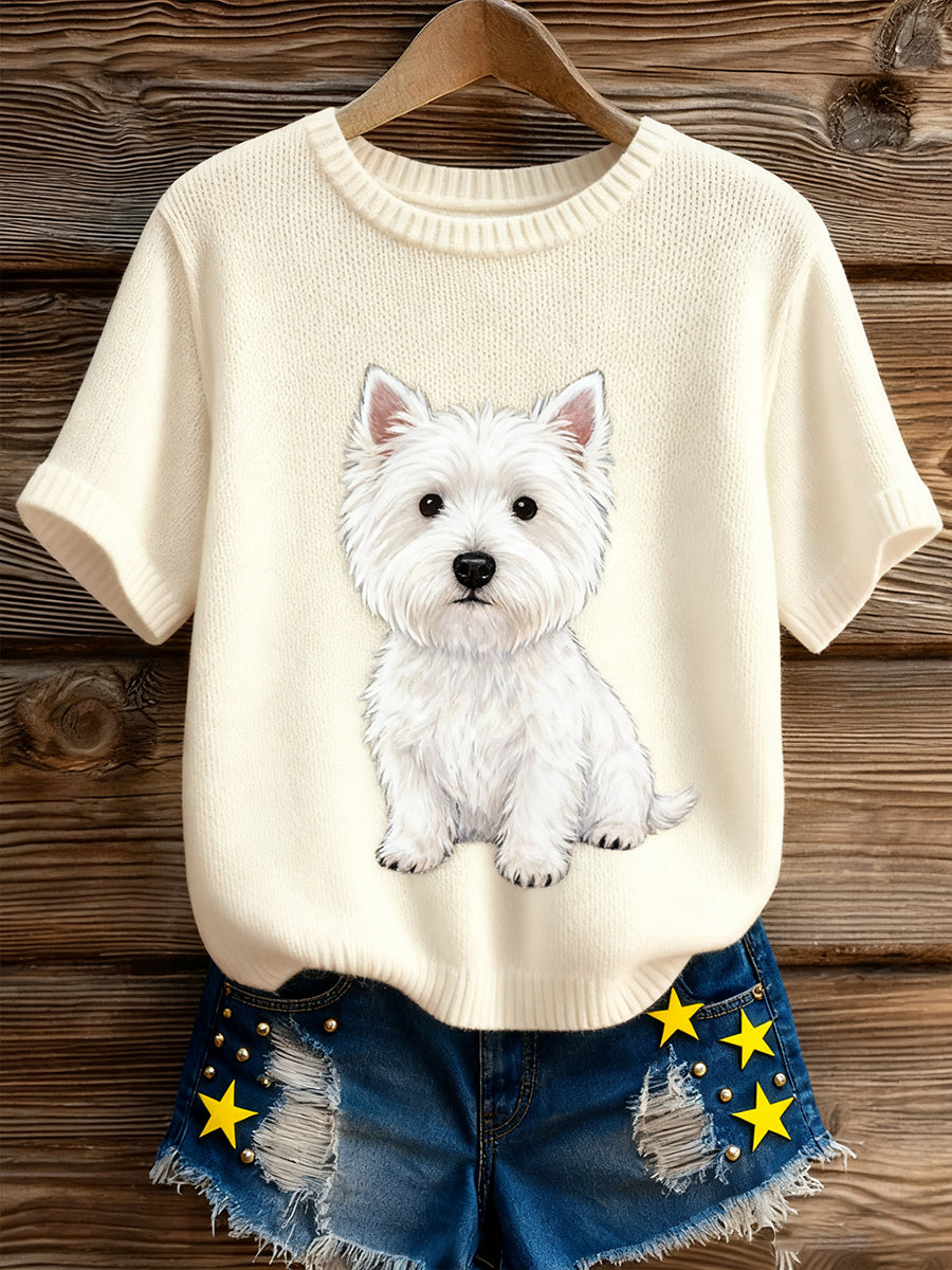 Kvinders kunstnerisk dyr Print Komfortabel Strik Kort ærme Toppe