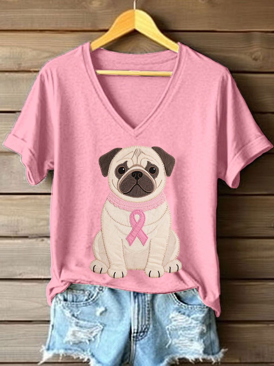 Kvinders dejlige Pug Patchwork kunst V-hals T-shirt