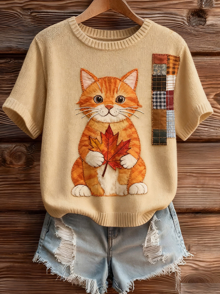 Kvinders kunstnerisk dyr Print Komfortabel Strik Kort ærme Toppe