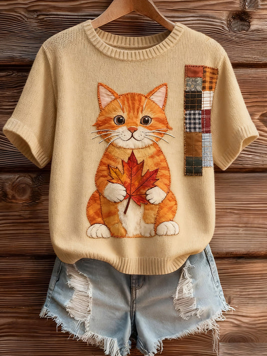 Kvinders kunstnerisk dyr Print Komfortabel Strik Kort ærme Toppe