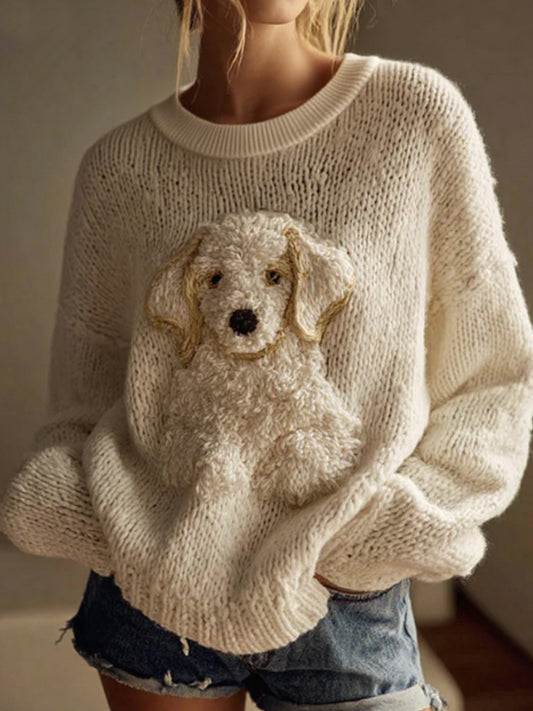 Kvinders klassiske Plush Golden Retriever følt hyggelige strikkebesætning hals Sweater.