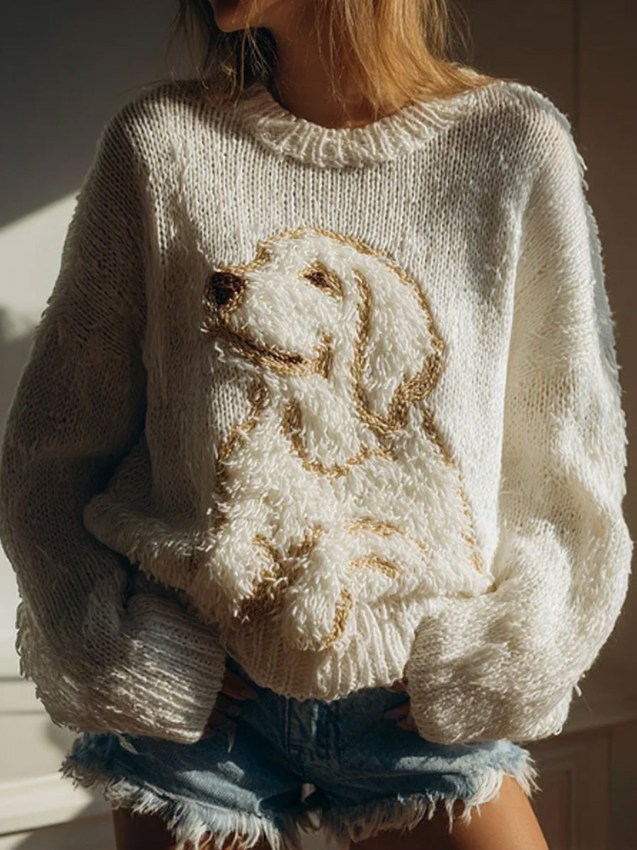 Kvinders fuzzy Golden Retriever Hung følt hyggelige strikkes sweater.